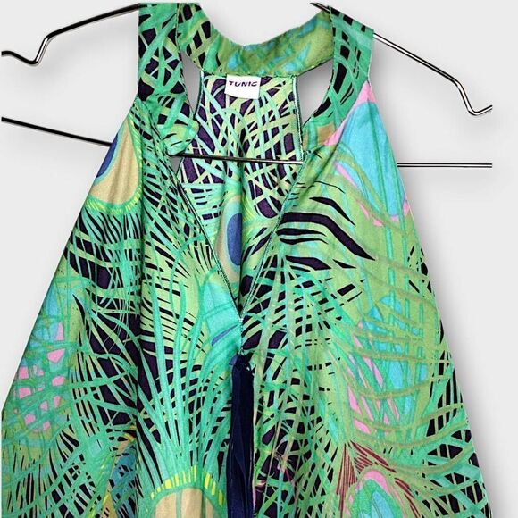 Tunic Womens Dress Sz Large Green Blue Peacock Silk Layers Caftan Boho Swiftie - Picture 10 of 16